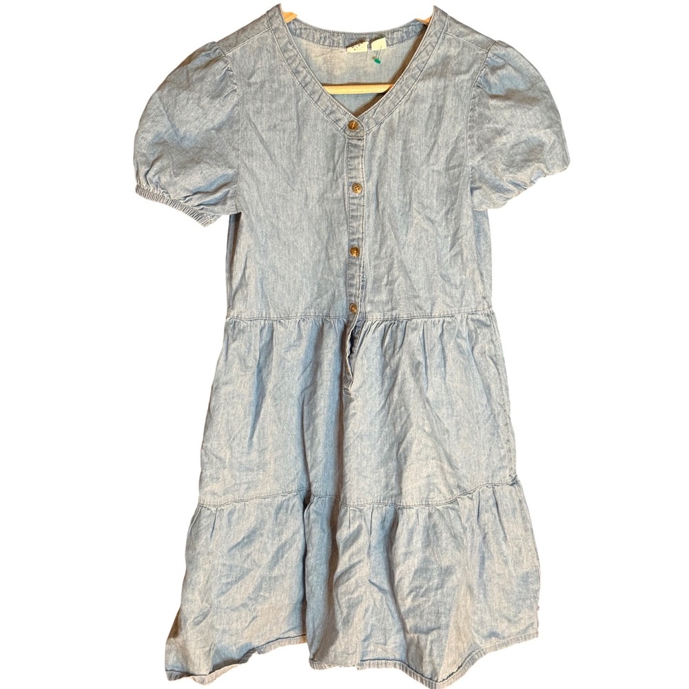 Gap Kids Girls XL 14/16 Light Wash Denim Tiered Puff Sleeve Button Front Dress